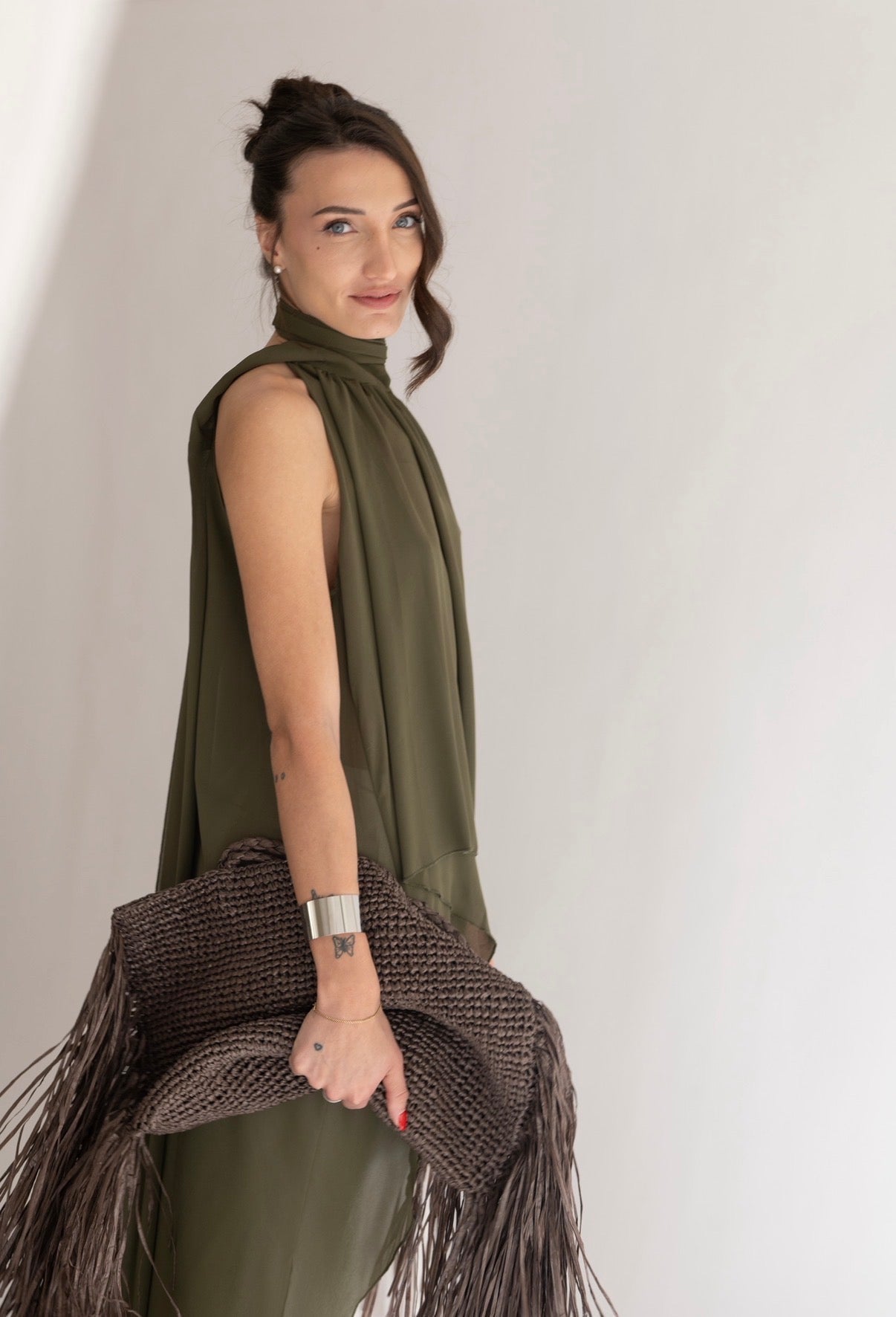 Top Chiffon con Collo all'Americana "Selene" | Verde Oliva